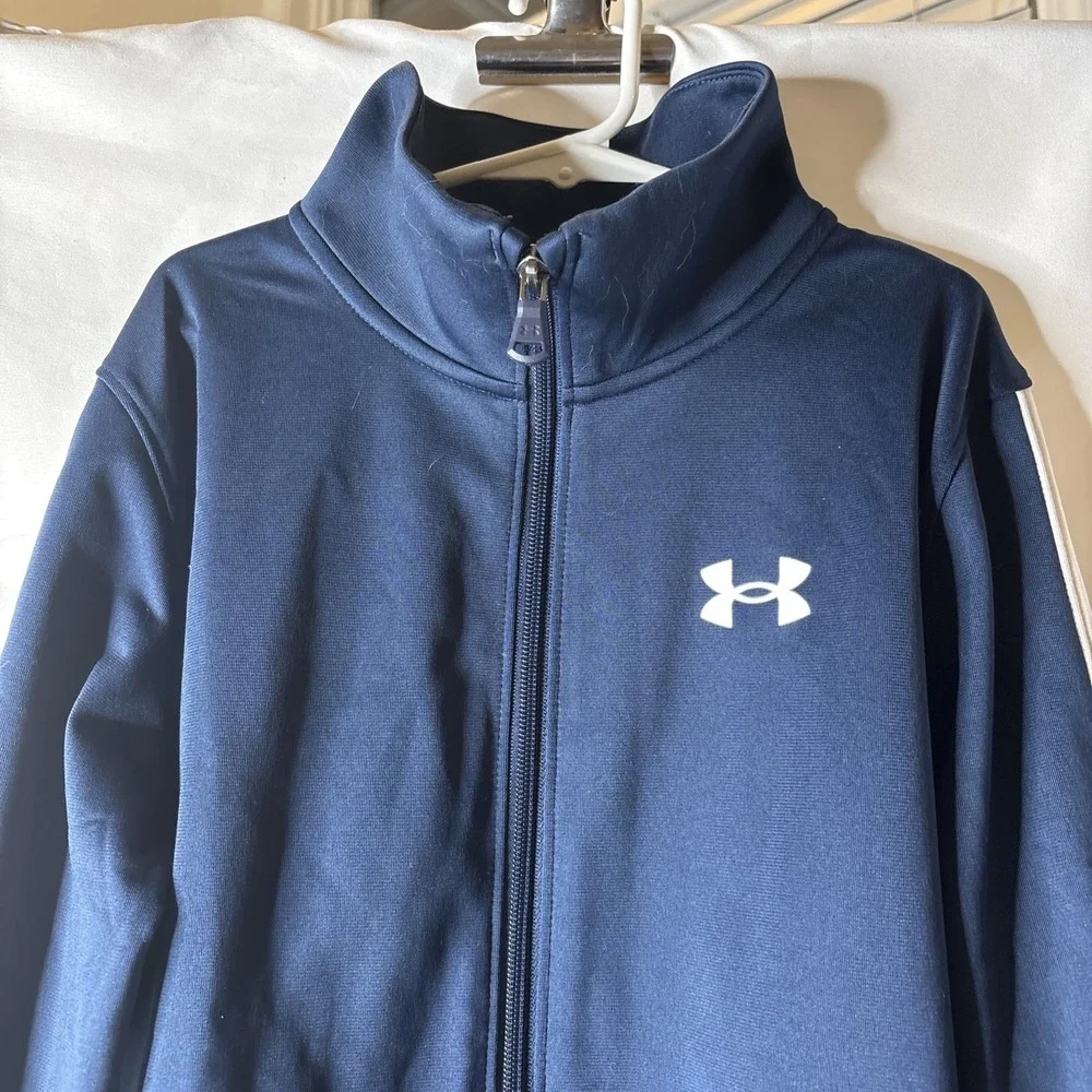 Under Armour Youth Large Pennant Full Zip Up Navy Blue Track Jacket White Stripe